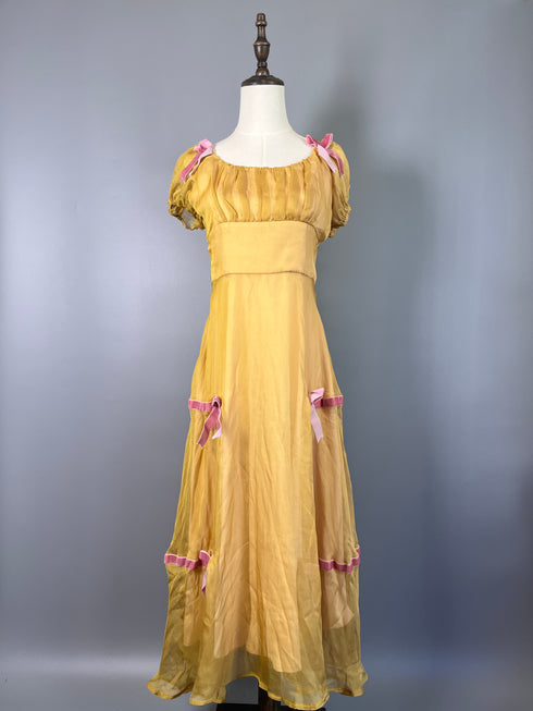 Vintage Yellow Regency Era Dress with Puff Sleeves and Pink Bows - Yellow Regency Era Dress Plus Size